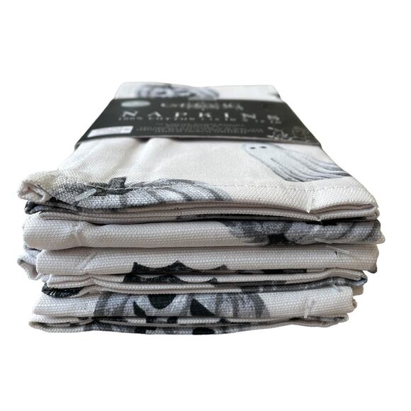 Halloween Ghost Pumpkin Cotton Napkins Set of 6 White Black Gray Spooky NEW - Picture 6 of 12